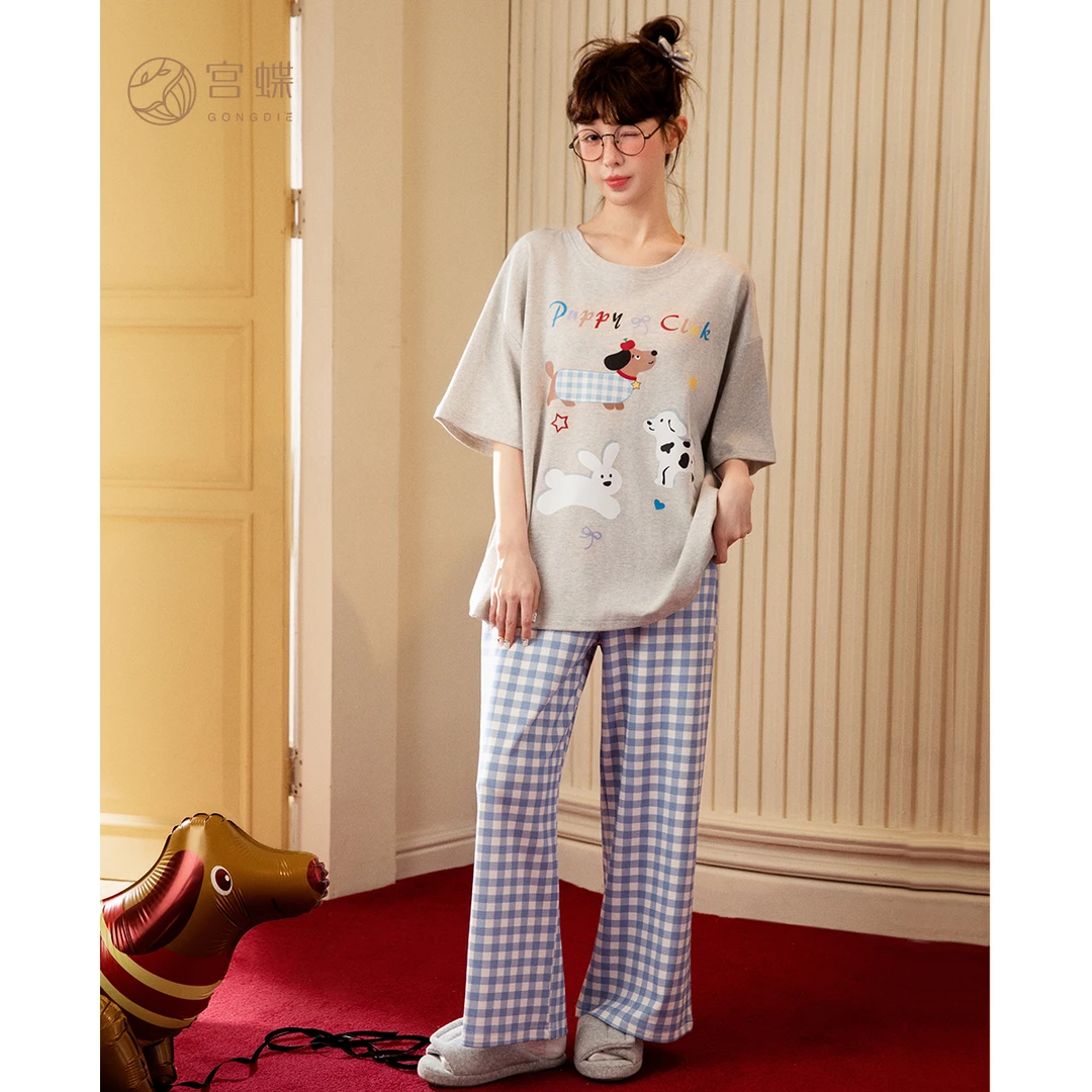 宫蝶【凉感型】腊肠狗睡衣女夏季纯棉短袖长裤套装外穿小狗家居服