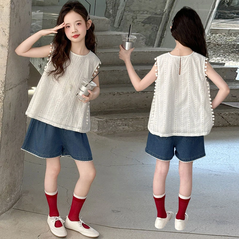 女童夏天套装辣妹2025新款洋气女孩无袖衬衫阔腿牛仔裤两件套韩版