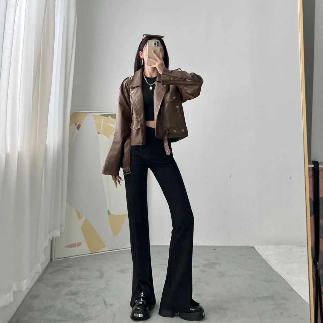 黑色开叉微喇叭裤女时尚秋冬高腰垂感宽松显瘦拖地休闲裤百搭长裤