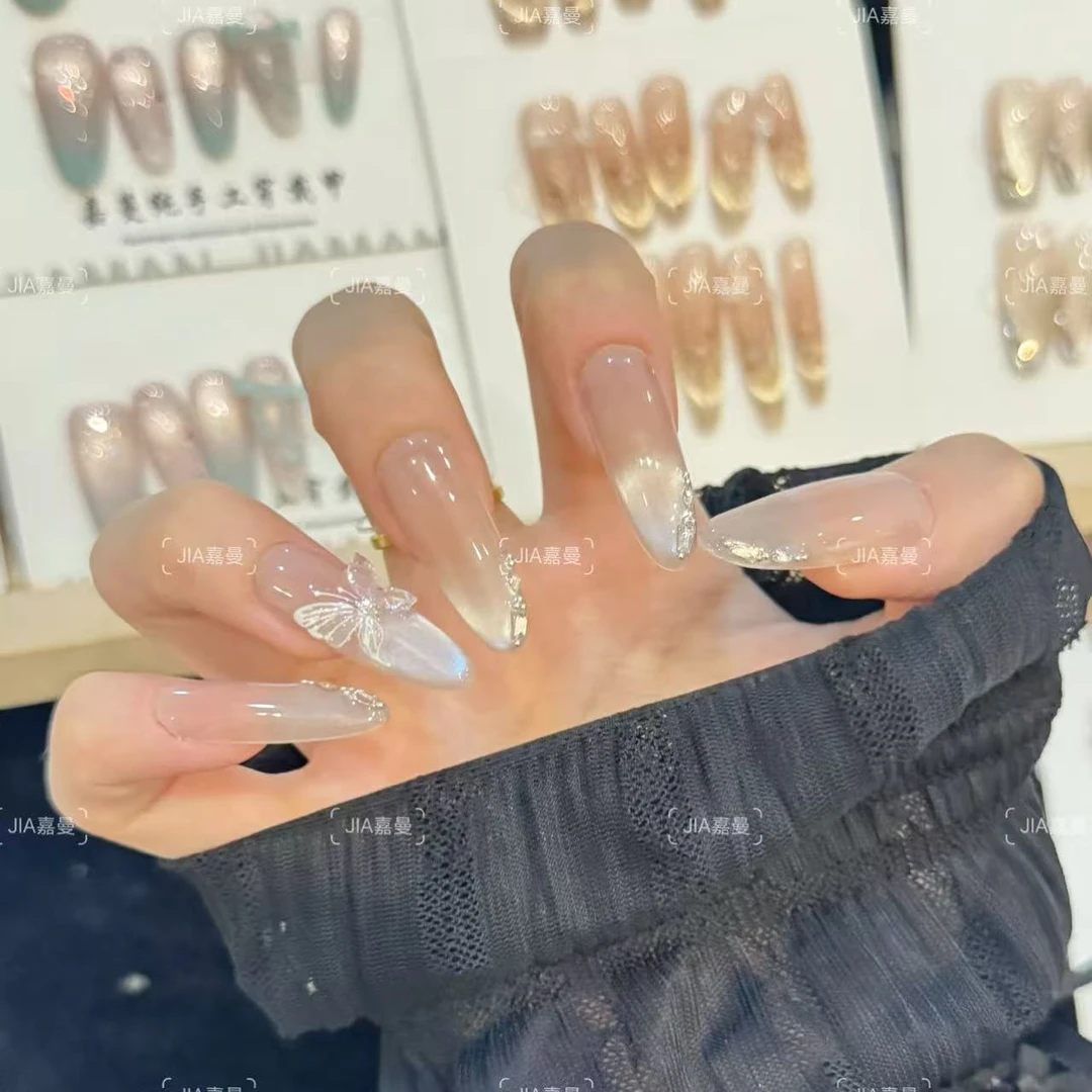 【晶蝶】纯手工蝴蝶爆闪猫眼碎钻显白高级穿戴式美甲贴片
