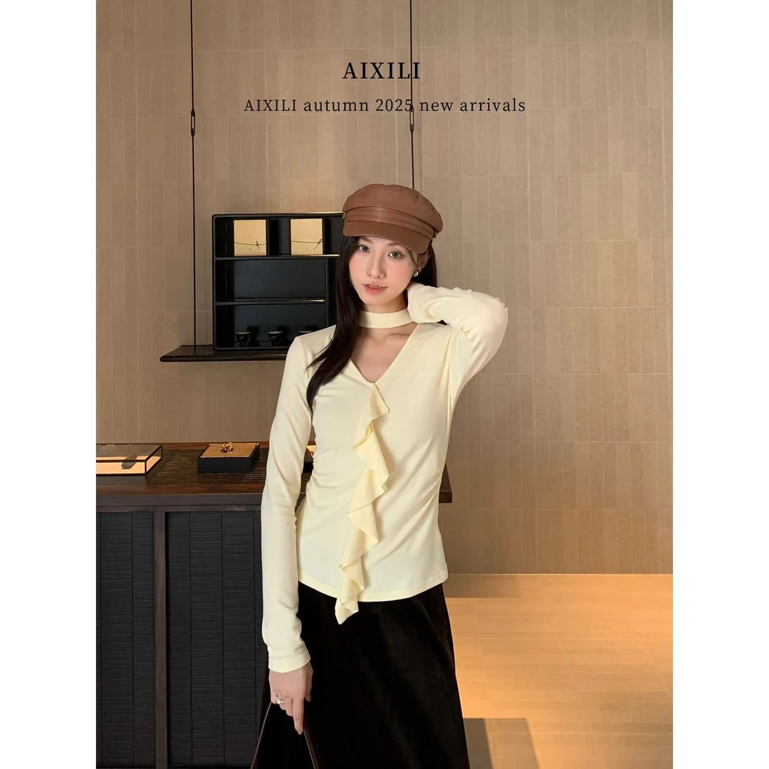 L-15596#爱西里#设计感气质修身显瘦挂脖V领荷叶边长袖上衣（福利）