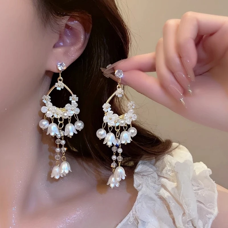 合金耳饰 法式超仙花朵流苏长款耳环 轻奢设计感百搭耳坠优雅饰品