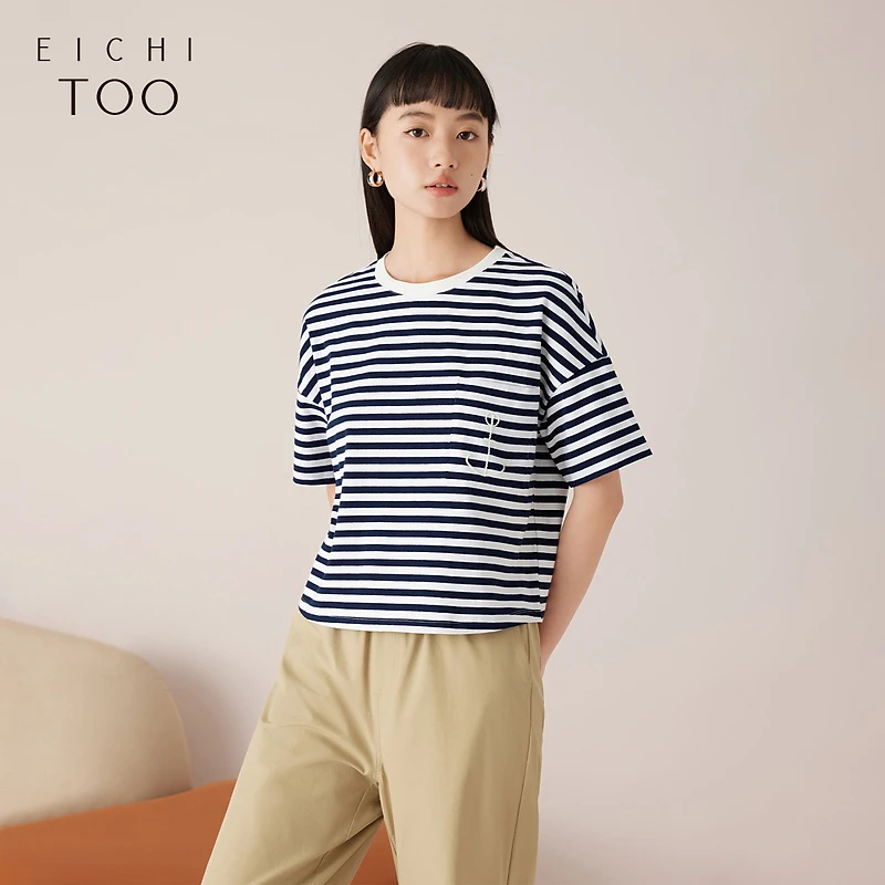爱居兔夏季撞色条纹复古时尚短袖T恤ENTBJ2N703A