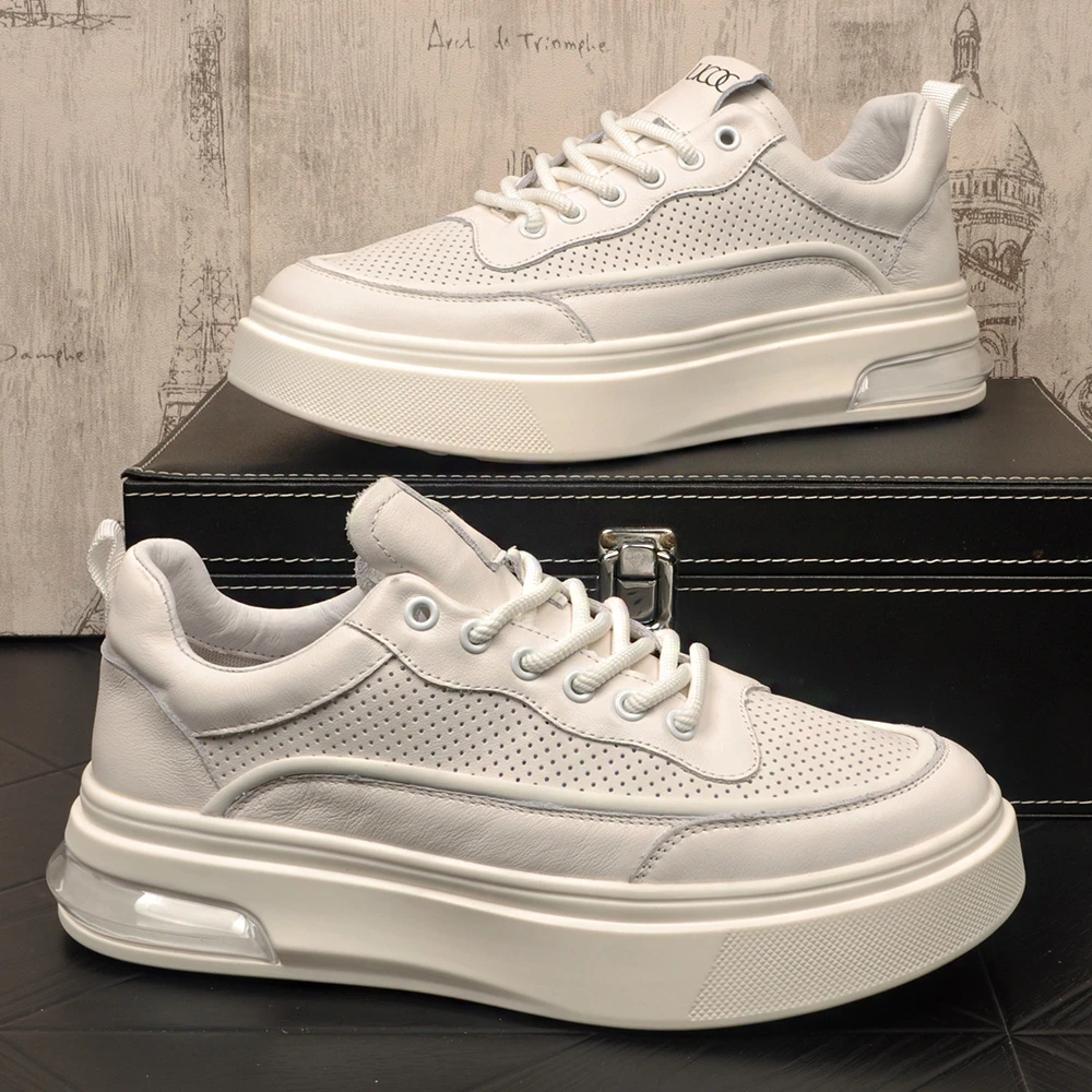 2025夏季新款镂空透气皮面小白鞋简约百搭舒适休闲鞋内增高板鞋男