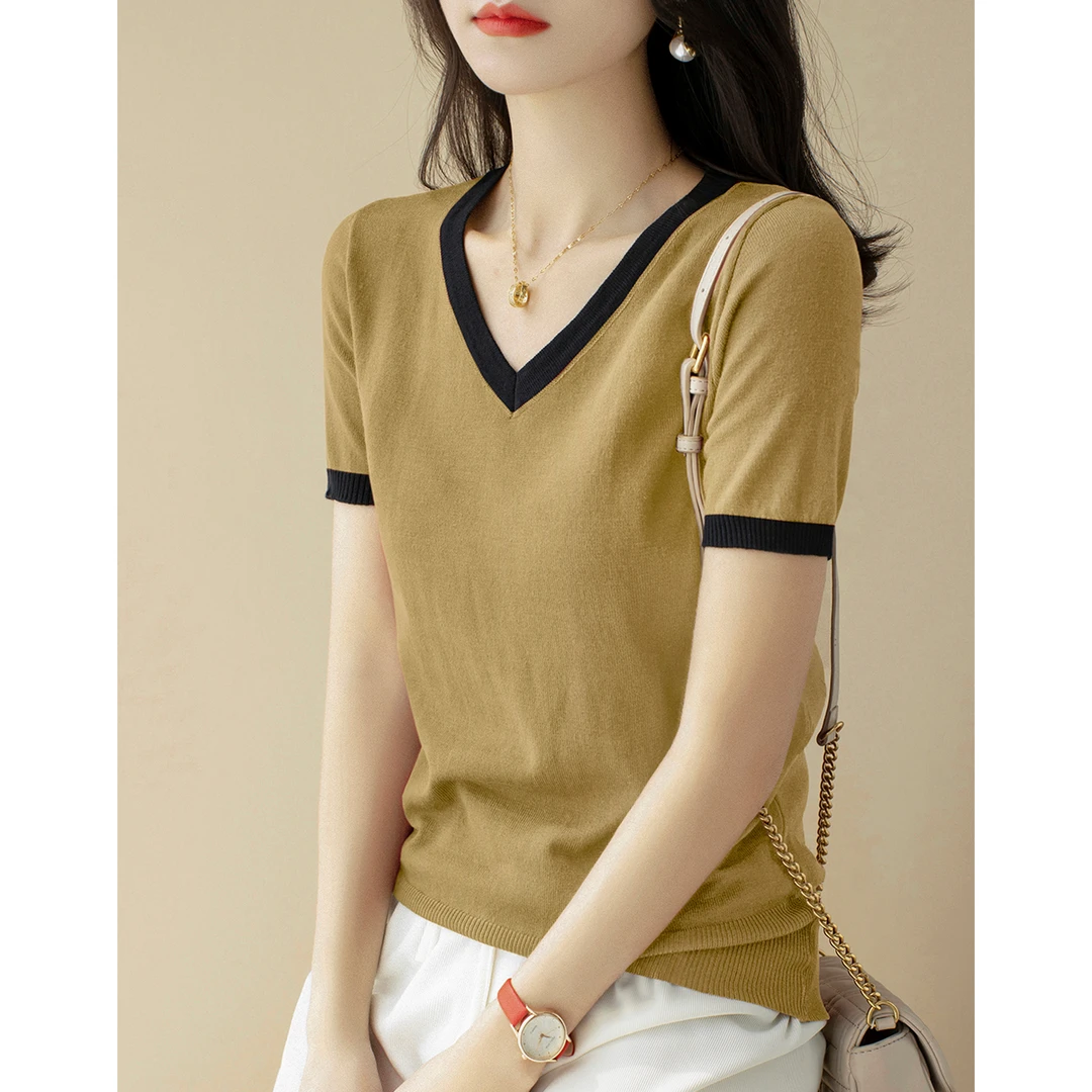夏季穿搭时髦减龄套头V领针织衫女韩系宽松显瘦气质短袖T恤上衣