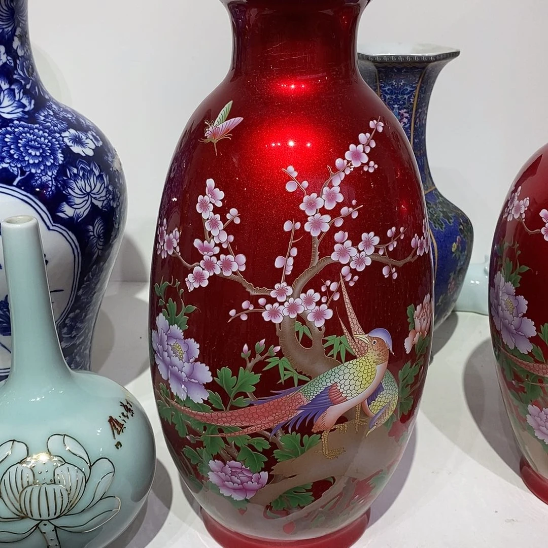 蹉***月摆件陶两个36cm红色锦上添花瓶子