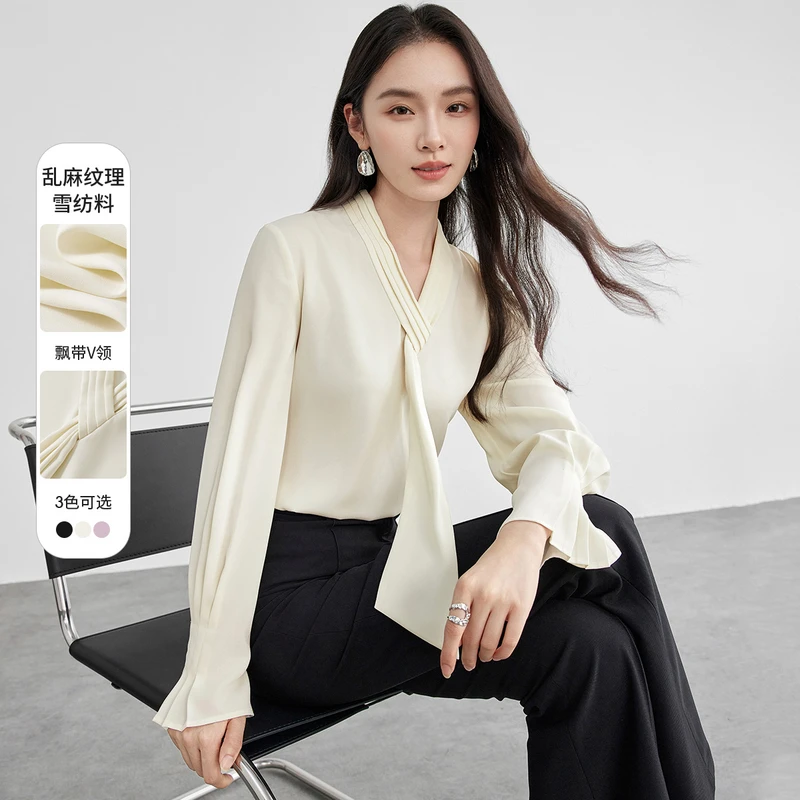 尚都比拉手抓纹缎感衬衫2025春新上衣小个子垂感时尚显瘦女装衬衣