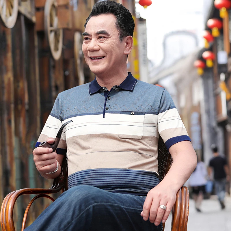 2025新款正品中老年男士夏季薄款半袖POLO衫条纹休闲商务休闲翻领