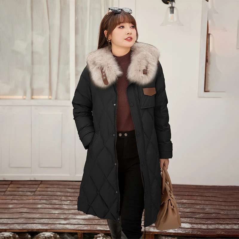 大毛领洋气棉服女2025年冬季新款过膝中长款收腰加厚黑色棉衣外套