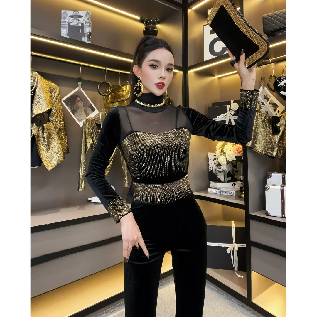 新wss女装-性感网纱上衣设计感小众独特别致高级感烫钻长袖T恤