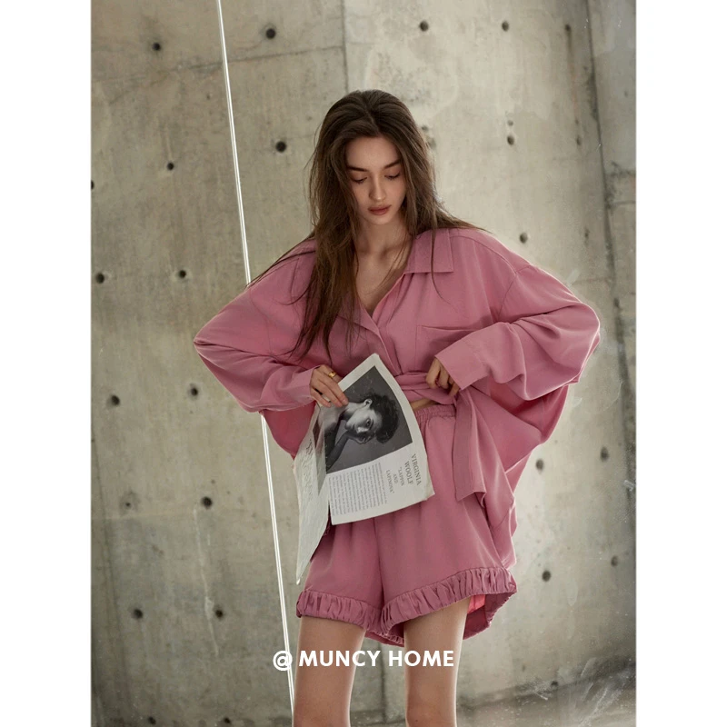 曼系“樱花粉”新款睡衣女春夏长袖短裤时尚开衫可外穿纯色家居服