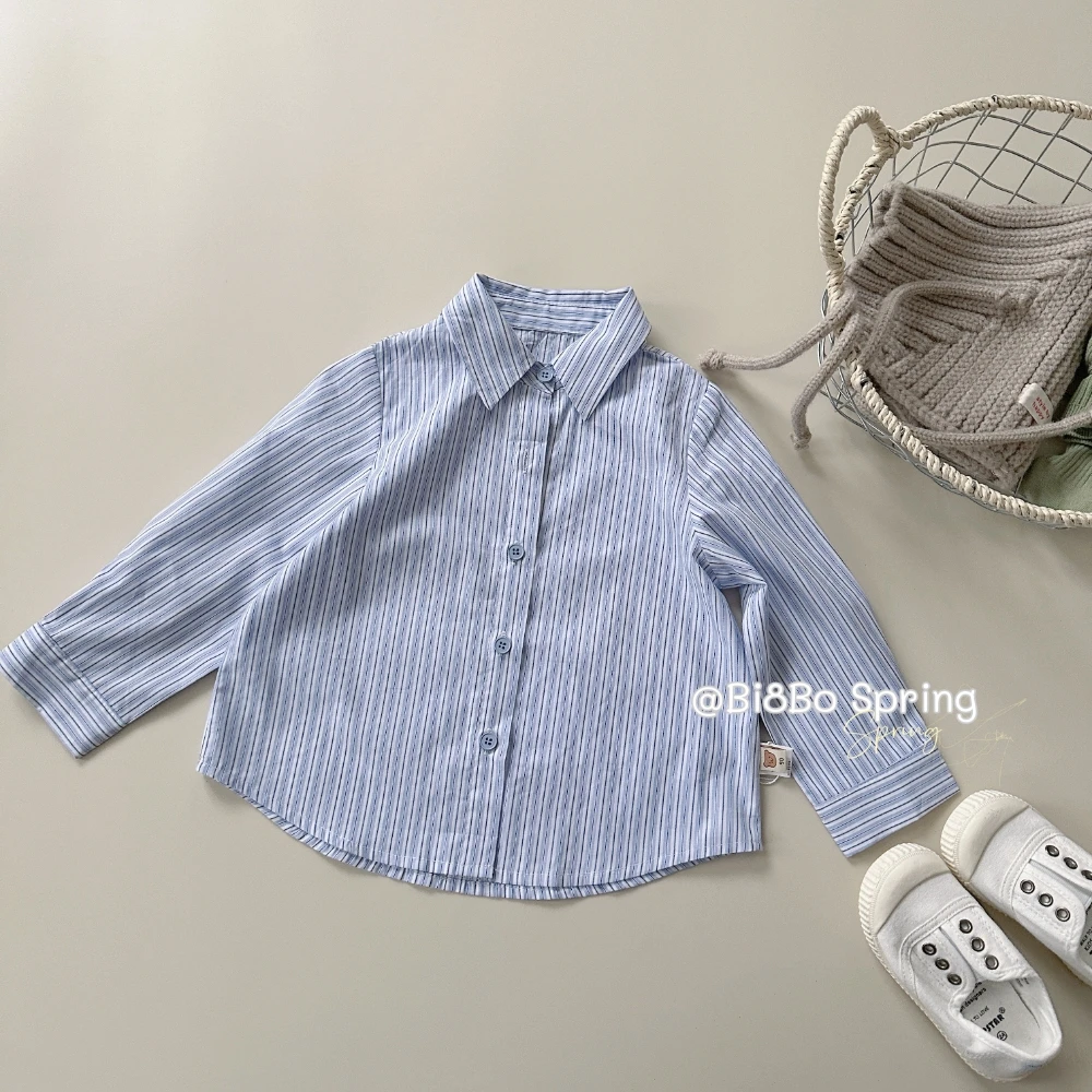 bi8bo春季新款儿童衬衣纯棉长袖百搭休闲韩版竖条纹衬衫31115男童