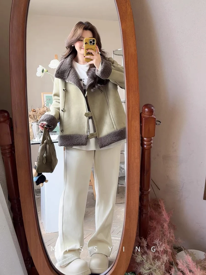米白色直筒牛仔裤女2024年新款高腰显瘦宽松胖妹妹九分阔腿裤加绒