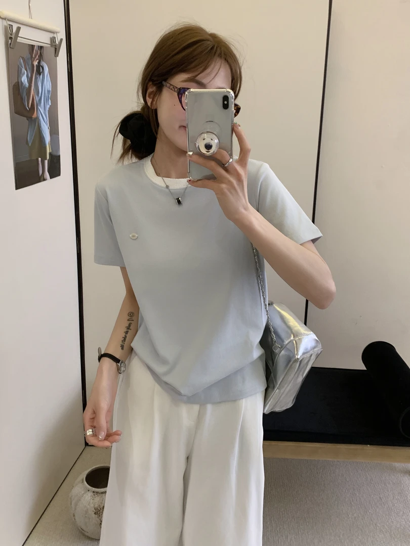 夏季新品时尚潮圆领简约干净休闲百搭短袖T恤女747