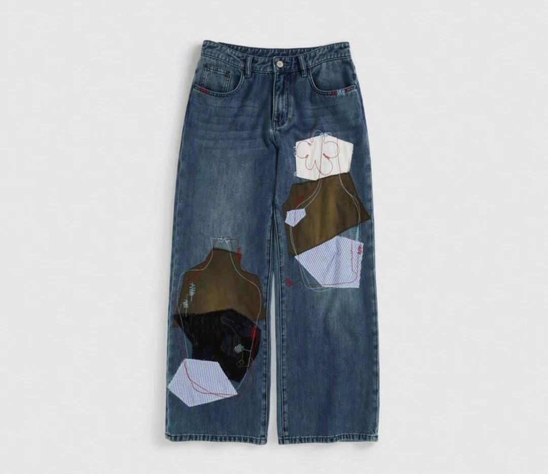 【新品】SHORT SENTENCE短句25春设计师款拼布刺绣牛仔长裤