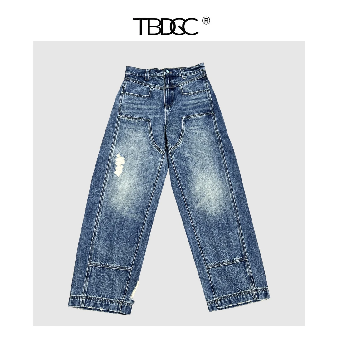活动款 绿松石系列复古水洗蓝伐木裤剪裁牛仔长裤 重磅面料