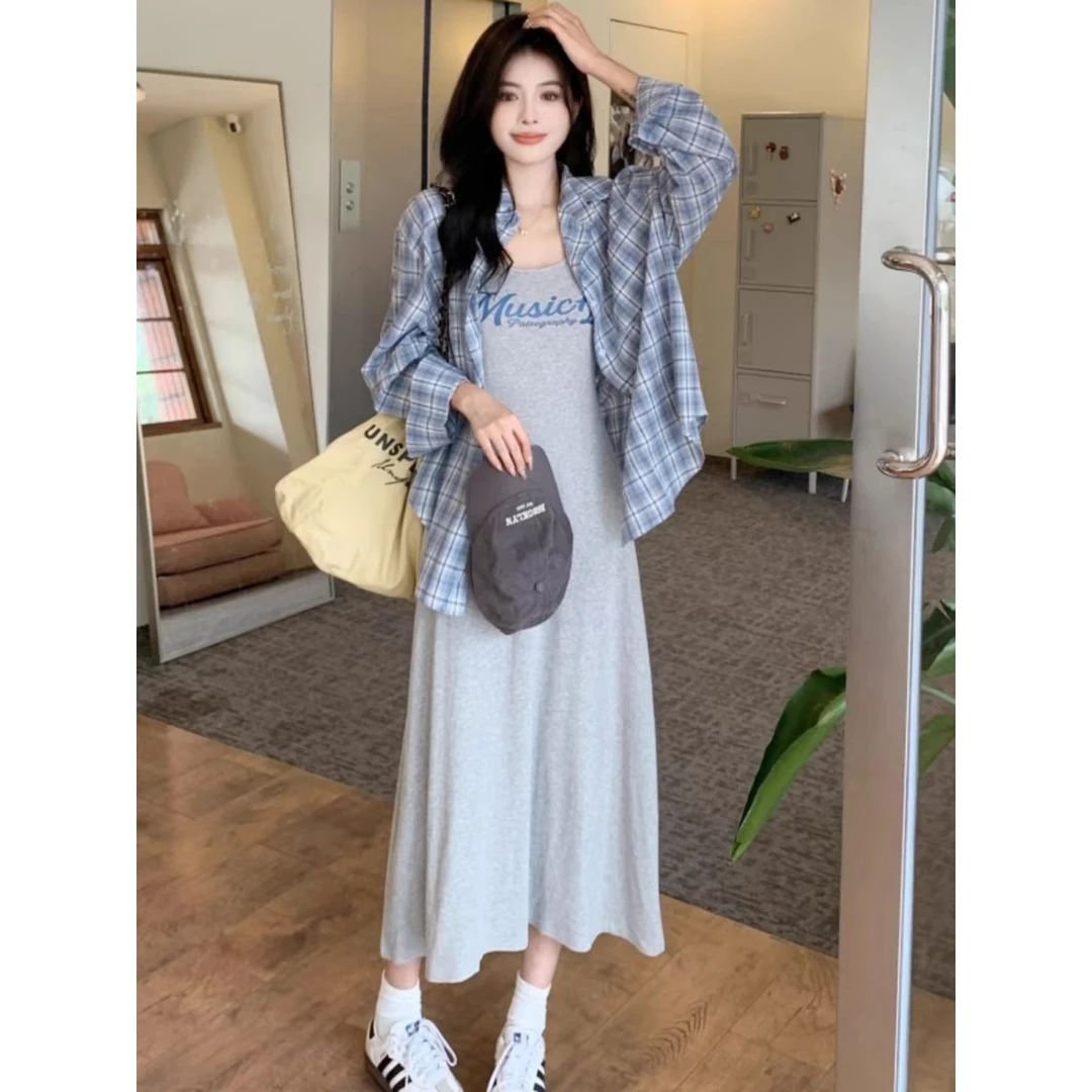 印花长款吊带连衣裙女春秋新款甜酷宽松外搭格子长袖衬衫时尚套装