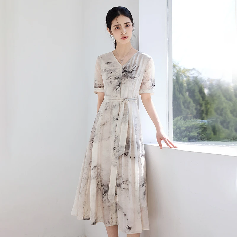 长裙连衣裙优雅印花五分袖连衣裙优雅夏季中长款水墨印花60068