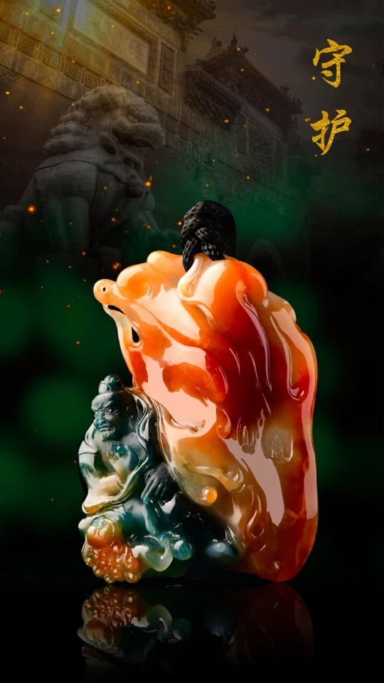 泳德珠宝天然缅甸翡翠红➕蓝守护俏色巧雕糖料