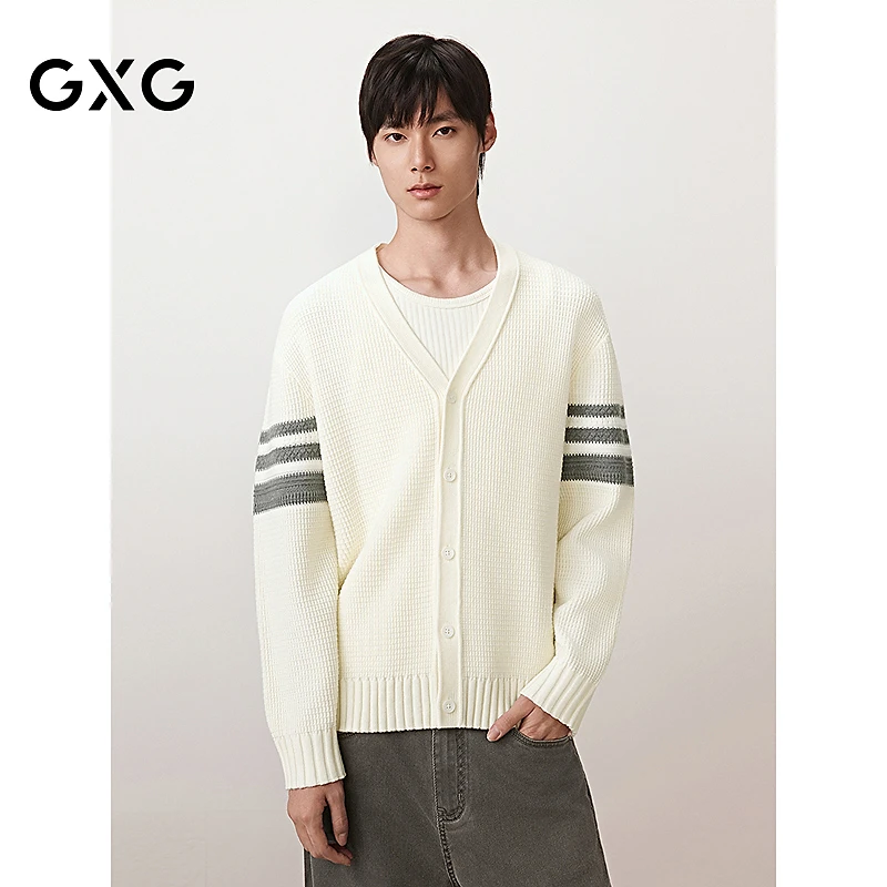 GXG男装 肩膀条纹撞色开衫毛衣外套男上装 2025秋季#G25D303004