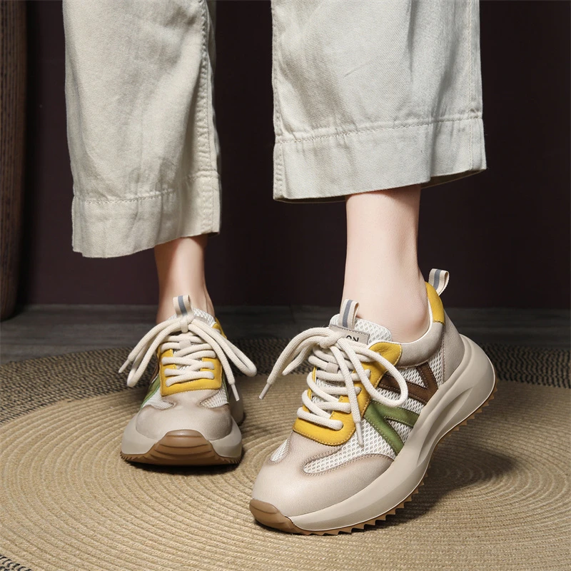 82655运动风透气网面头层牛皮女鞋真皮软底系带拼色镂空单鞋