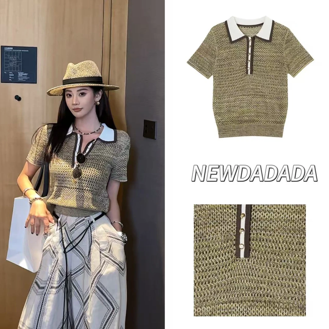 利达NEWDADA正肩短袖t恤夏镂空小众撞色POLO针织衫别致上衣SRC801