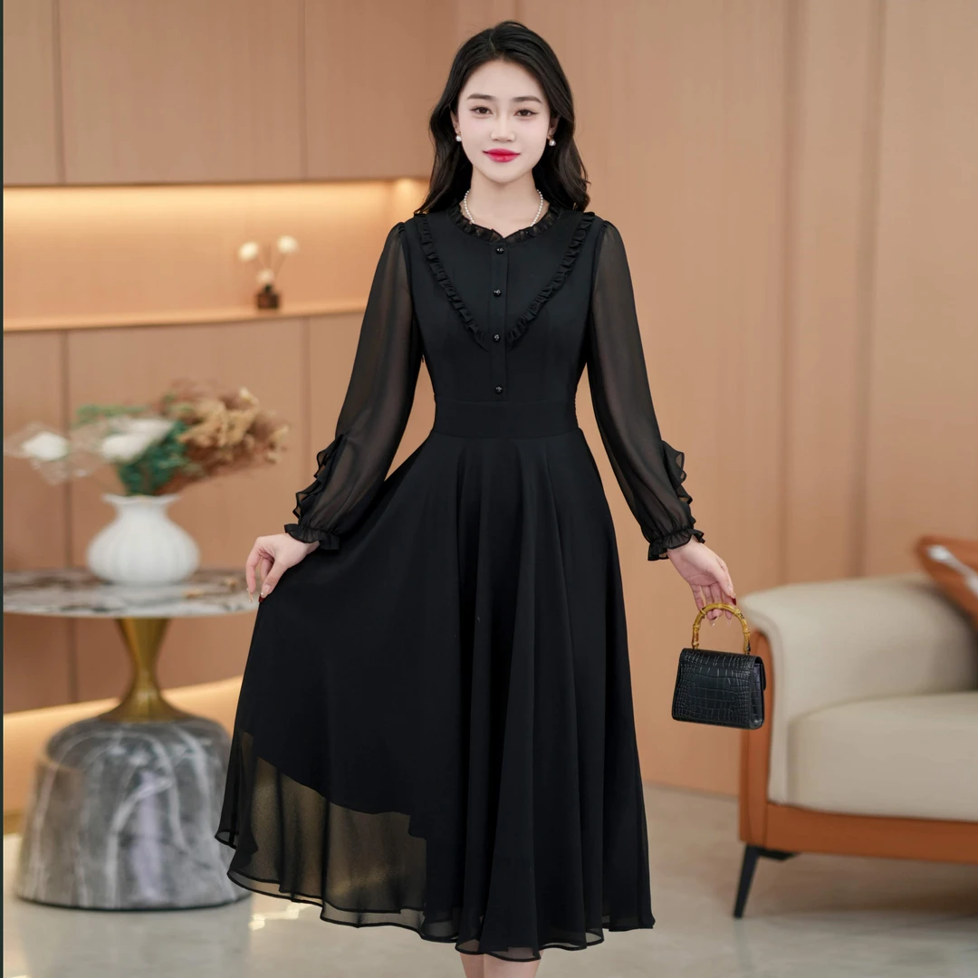 夏季法式设计感纯色时尚黑色显瘦松紧腰轻奢长裙连衣裙
