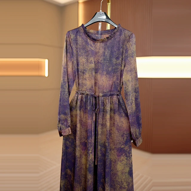 2025年爆款长袖碎花常规女士夏季中长款连衣裙