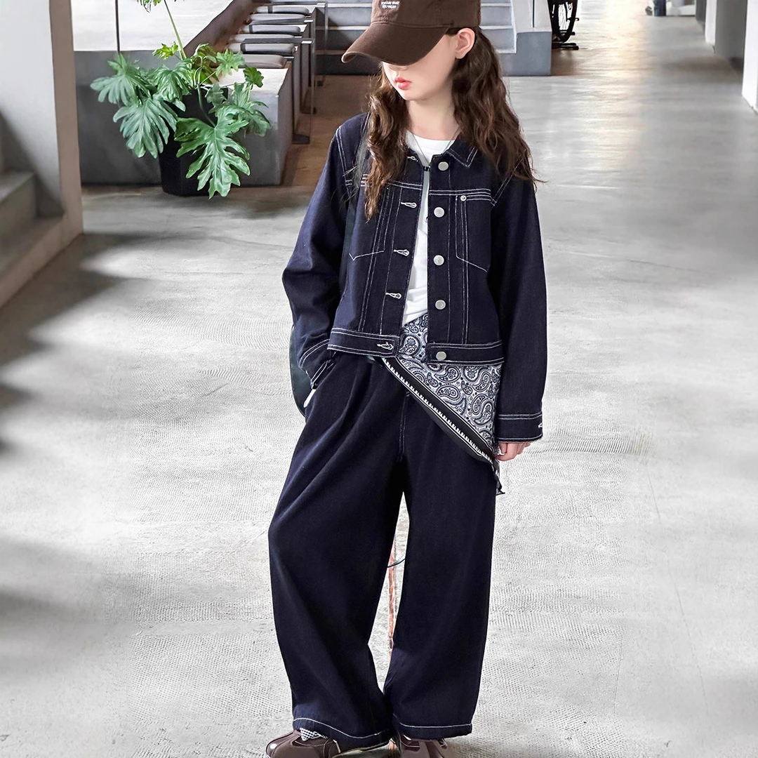 女童中大牛仔套装春秋2025新款韩版纯色牛仔长裤套装-269