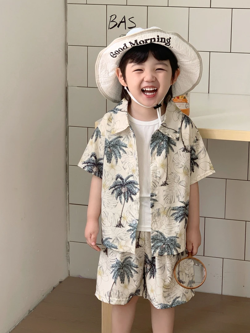 2025春夏新款短袖衬衫套装夏季休闲童装港风宽松潮版男童韩版