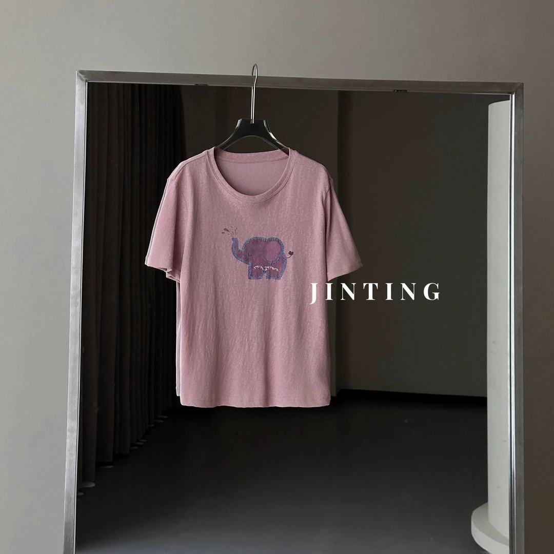 今婷韩系夏季卡通印花小紫象圆领涂鸦减龄百搭短袖T恤-M25202424