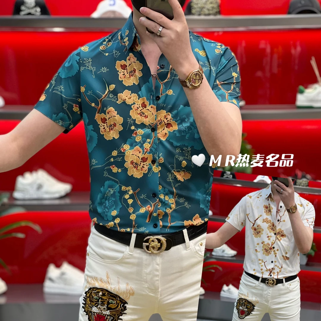 【热麦甄选】夏季短袖衬衫孔雀蓝牡丹花款 男士修身免熨烫弹力翻领