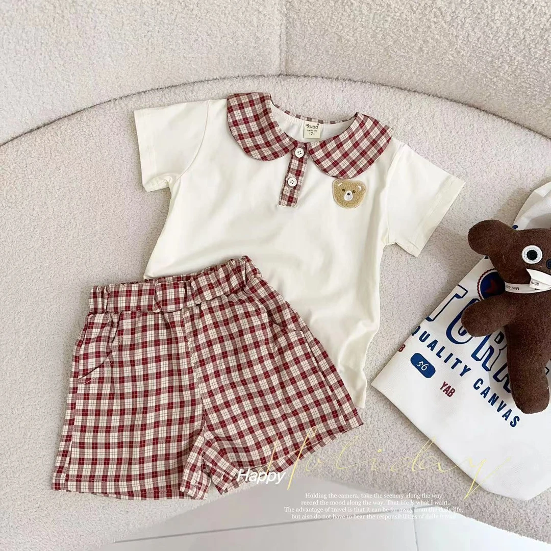 汤圆家童装2025夏季新款韩系小熊格子短裤套装 XA-544