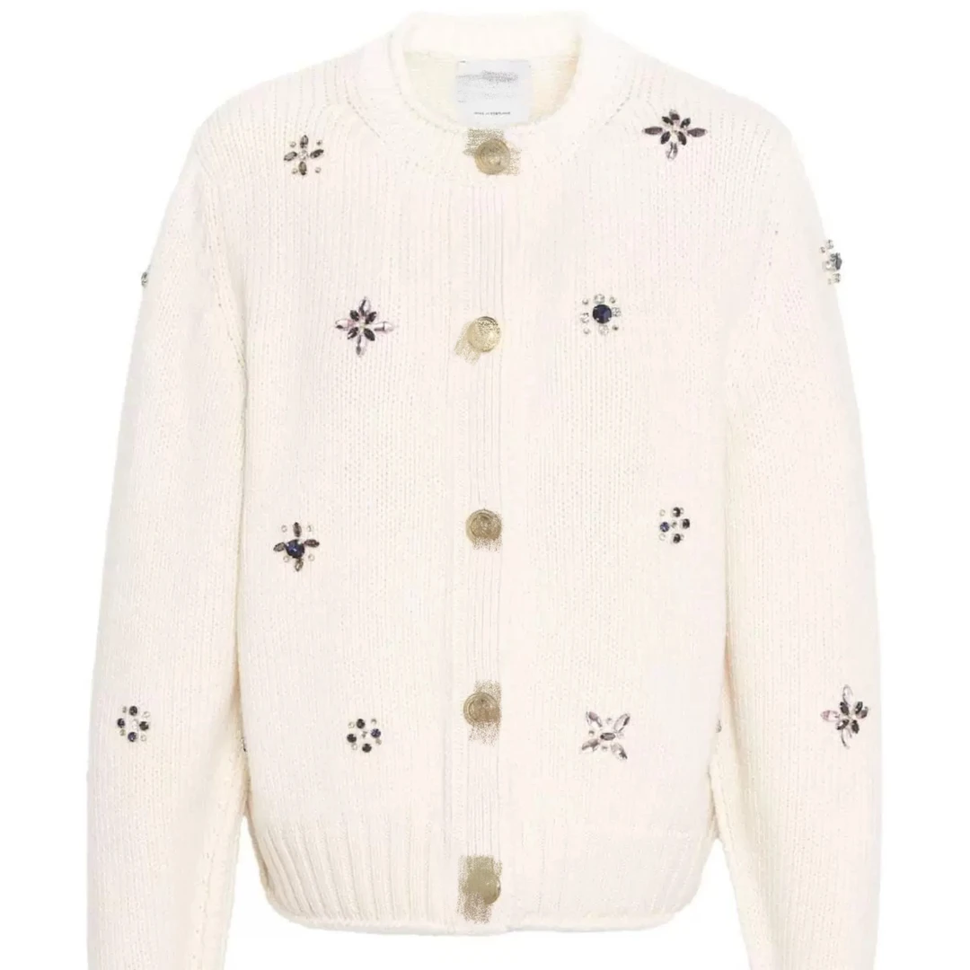 隐藏款！山羊绒绵羊毛混纺钉珠圆领开衫女秋冬