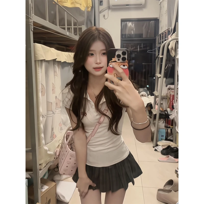 美式学院风Polo领短袖上衣刺绣短袖针织衫高腰半身裙A字百褶裙裤