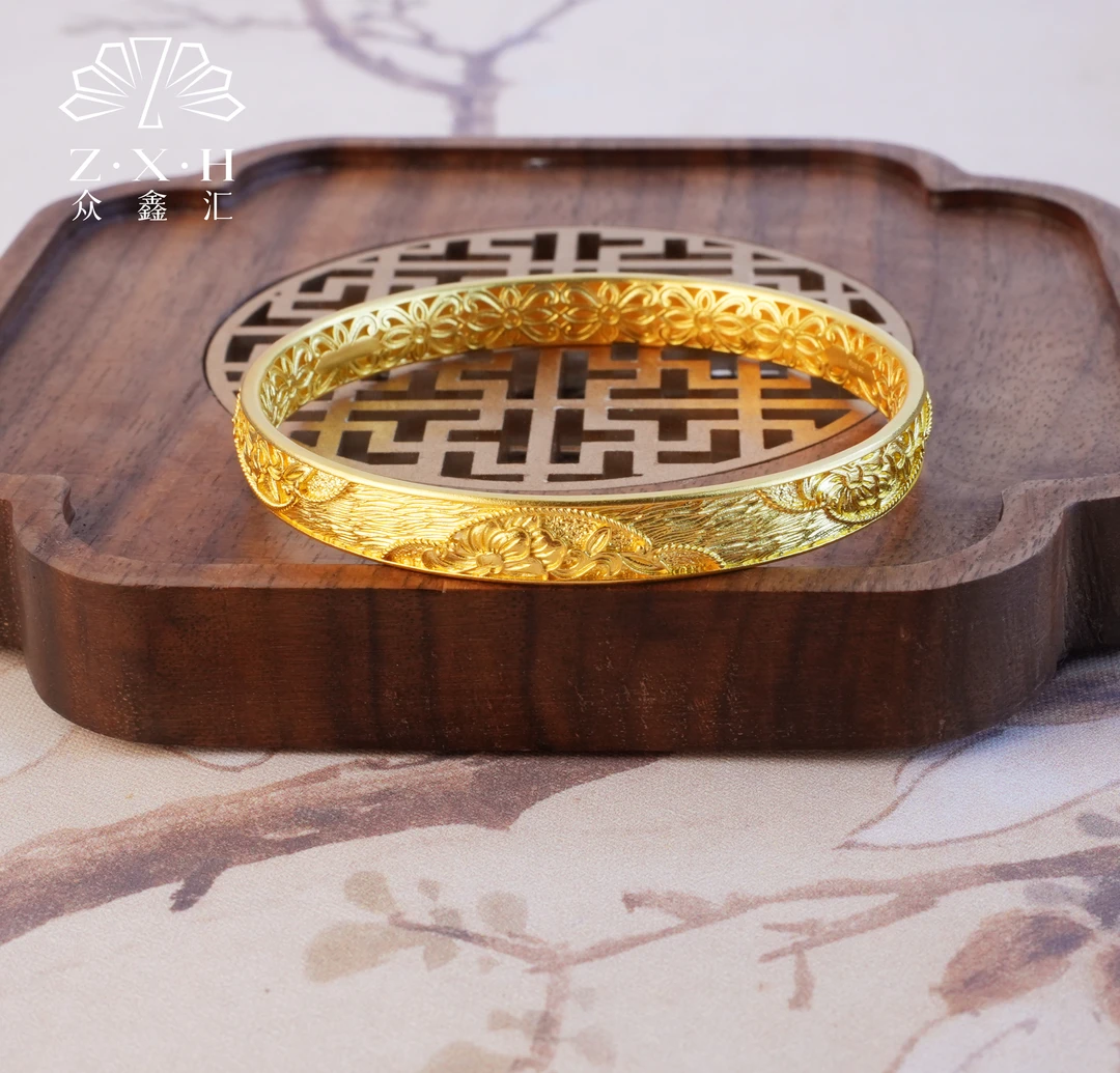 {众鑫汇}足金999 古法素金四季花开传承手镯