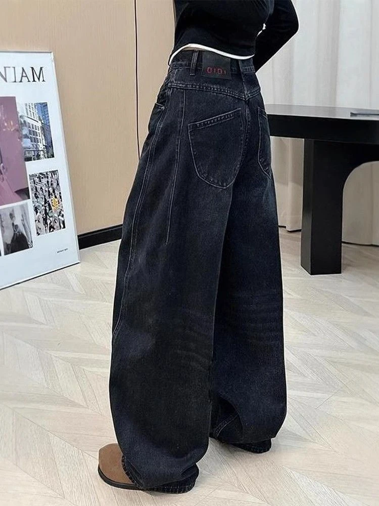 欧美式侧边压线牛仔裤女秋冬直筒裤水洗黑色拖地裤高腰宽松阔腿裤