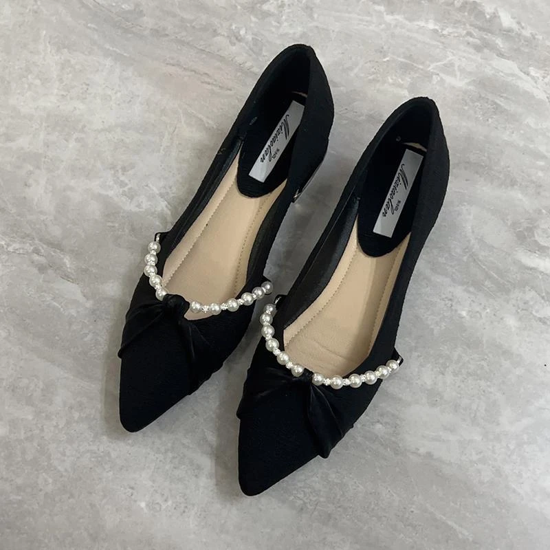 尖头单鞋女夏粗跟2025新款夏季鞋子法式黑色浅口女鞋小香风平底鞋