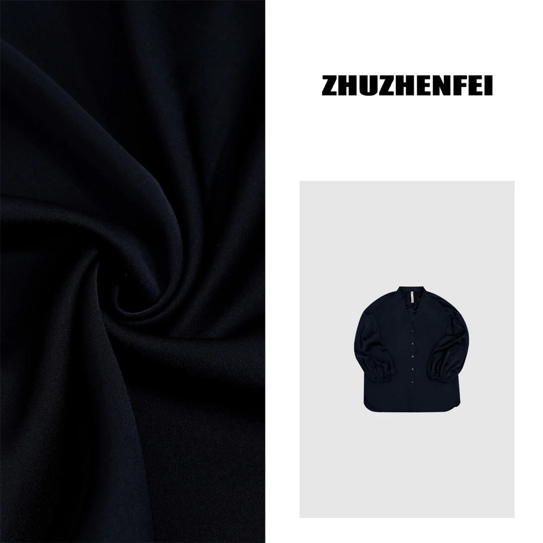 ZHUZHENFEI 藏蓝泡泡袖气质V领显瘦夏季长袖衬衫Z352460