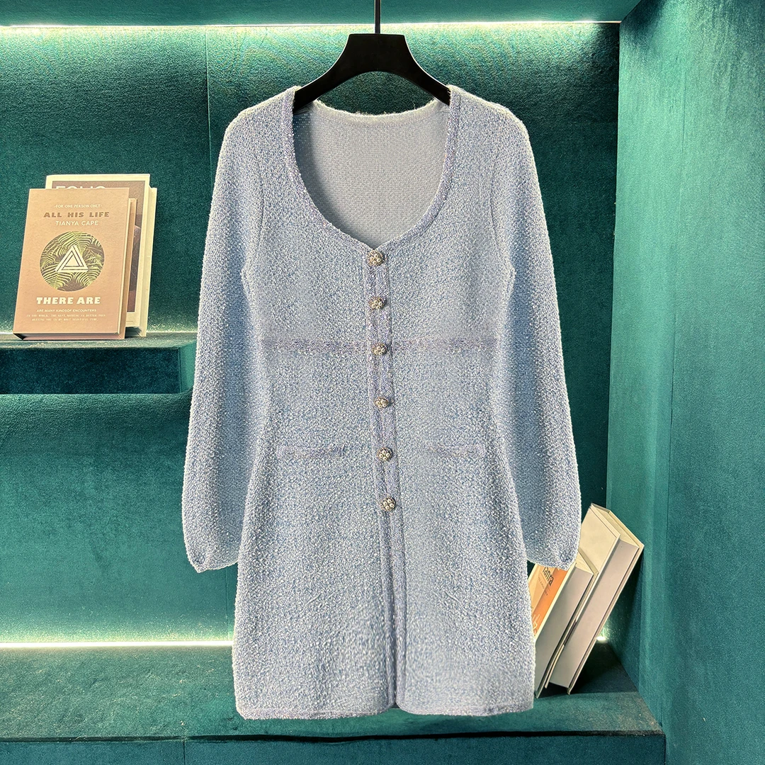 【CENFUN】小香风气质牛仔洋气蓝色针织时尚秋冬连衣裙E031188