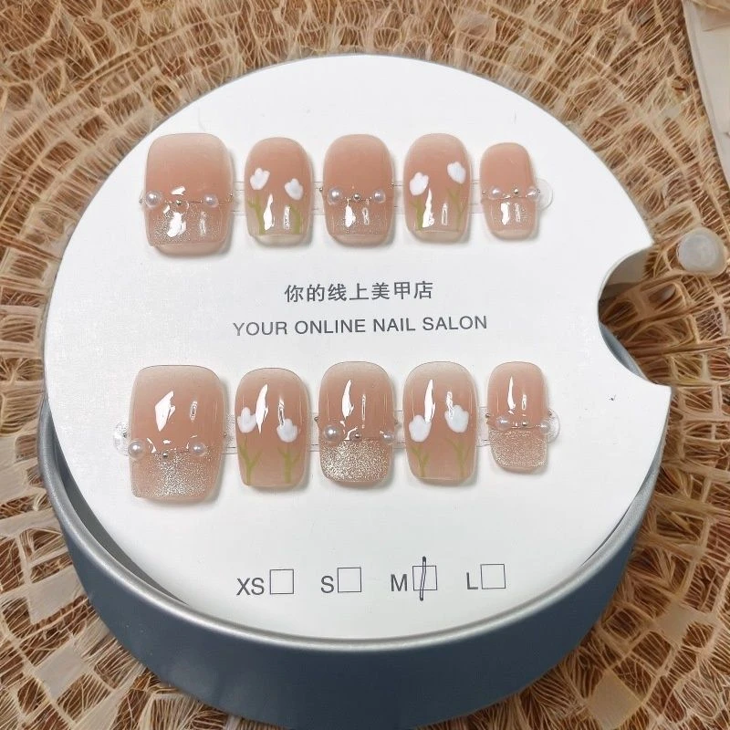 A14【冰晶郁金香】春季新款温柔气质纯手工穿戴甲珍珠猫眼显白美甲