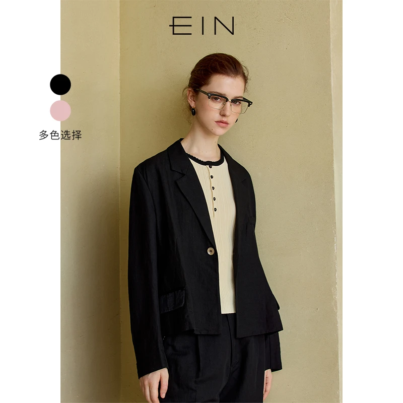 EIN/言【商场同款】常玉粉黑扎染撞色翻领亚麻西装外套女25年早春