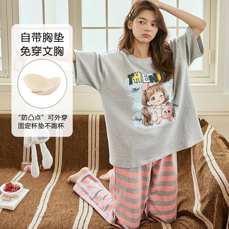 带胸垫睡衣女款夏短袖长裤2025新款精梳棉质女士可外穿网红家居服