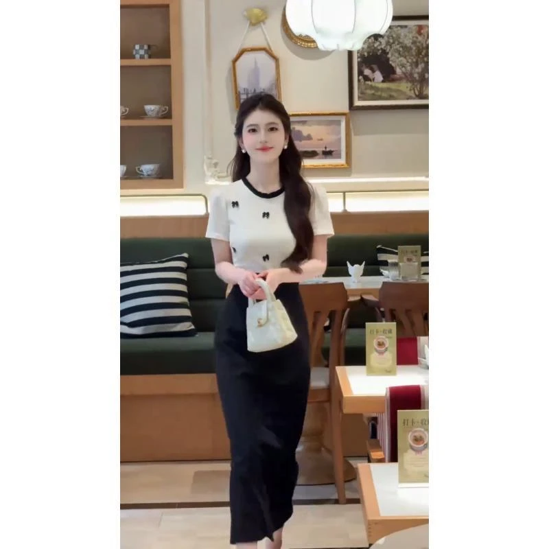 小香风假两件连衣裙夏季女装2025新款财阀千金气质收腰蝴蝶结裙子