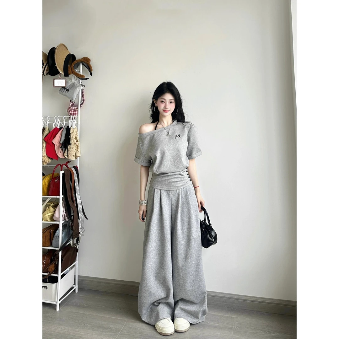 韩系设计感露肩上衣阔腿休闲裤套装女夏季新款时尚运动慵懒风穿搭