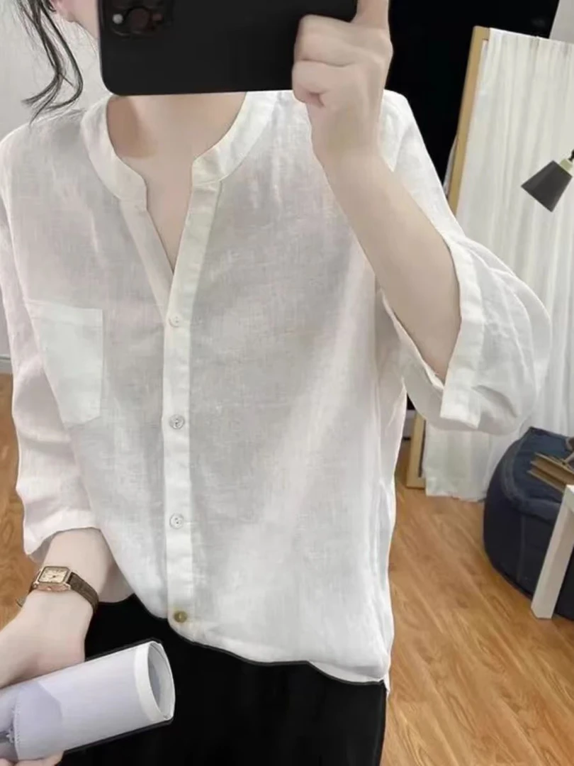 V领苎麻衬衫女短袖薄款夏季新款韩版百搭宽松衬衣气质小衫上衣