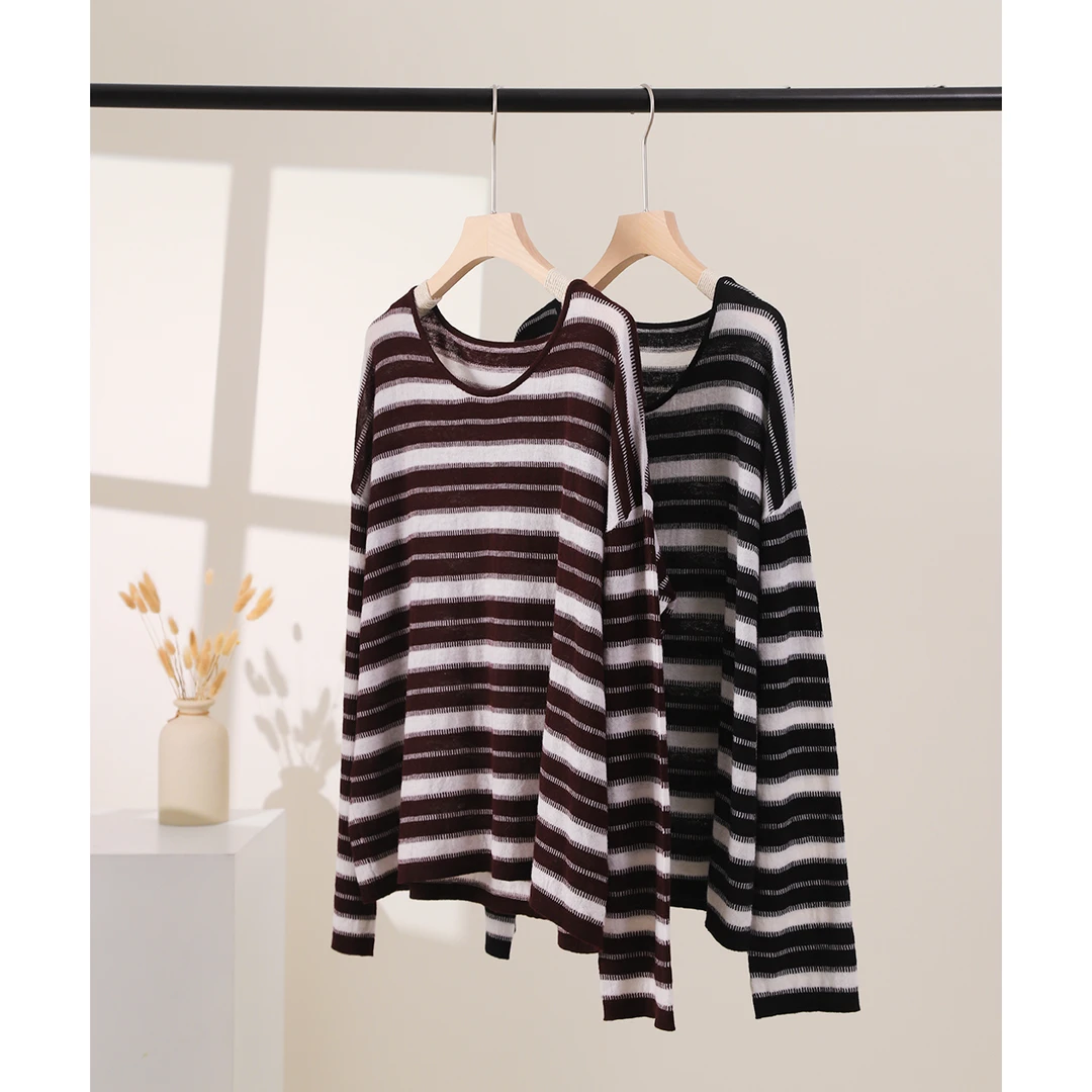 索菲丝尔圆领长袖条纹100%绵羊毛衫女2025春季休闲针织衫518005