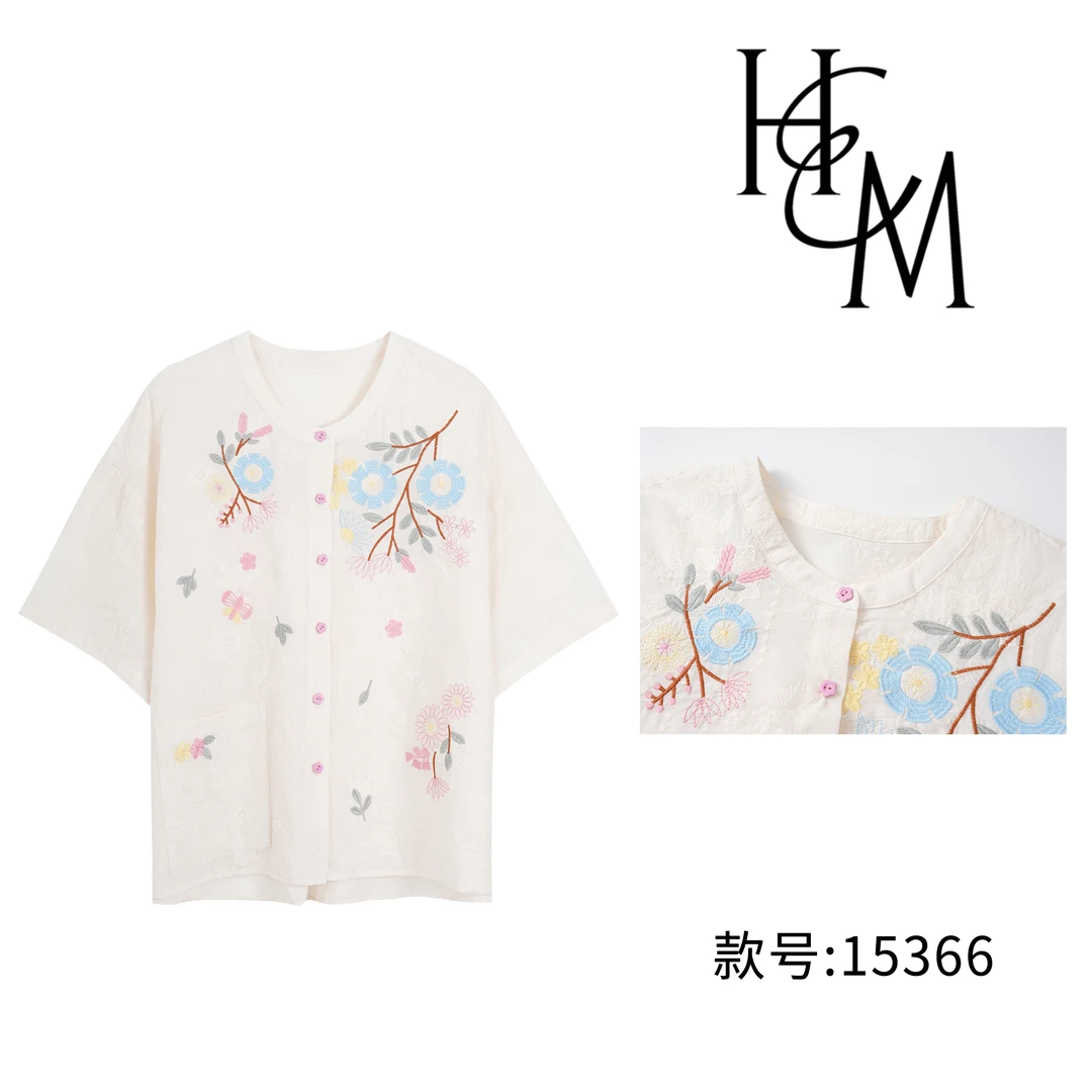 HUIERMAN/慧尔曼100%棉夏季设计师款韩系复古刺绣花朵衬衫【15366】
