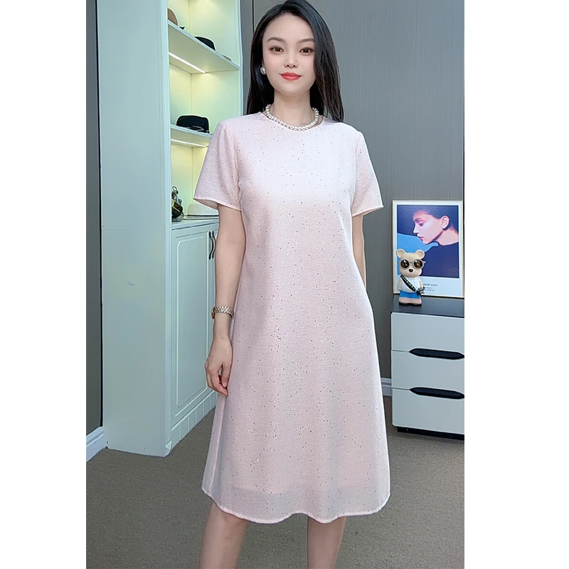 粉色亮片宽松连衣裙女夏季2025年新款气质宽松遮肚减龄A字裙子