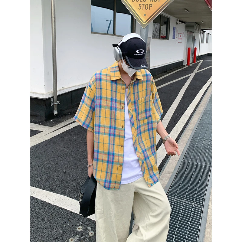 复古日系格纹翻领短袖衬衫夏季男生休闲百搭衬衣港风潮流衬衫外套